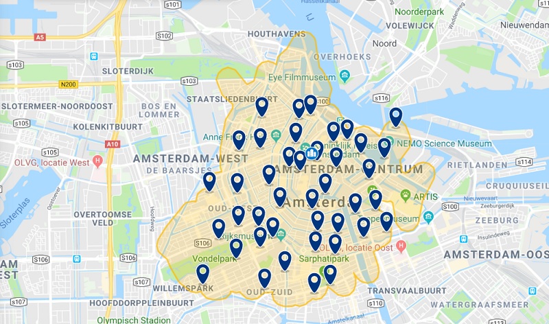 Mapa da área central de Amsterdã na Holanda