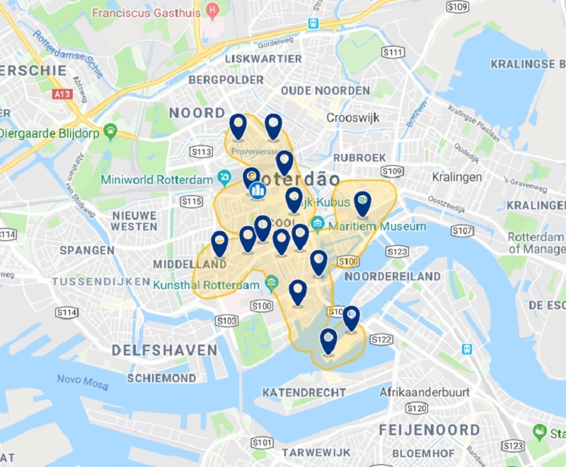 Mapa da aérea central de Roterdã