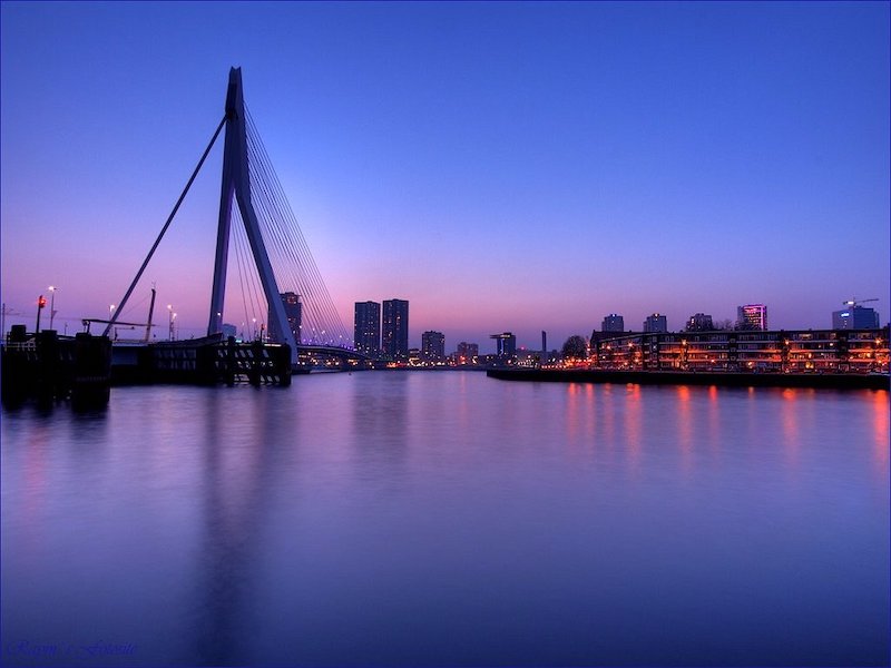 Entardecer na ponte Erasmusbrug em Roterdã