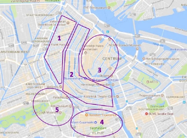 Mapa dos bairros em Amsterdã na Holanda